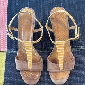 Chie Mihara Brown and Mustard Wedge Sandals